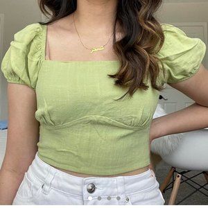 Green Puff Sleeved Smocked Crop Top Pacsun + LA Hearts